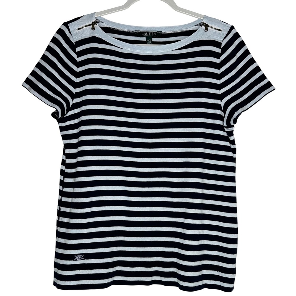 Lauren Ralph‎ Lauren Womens XL Navy Blue White Striped Boat Neck Zipper Top